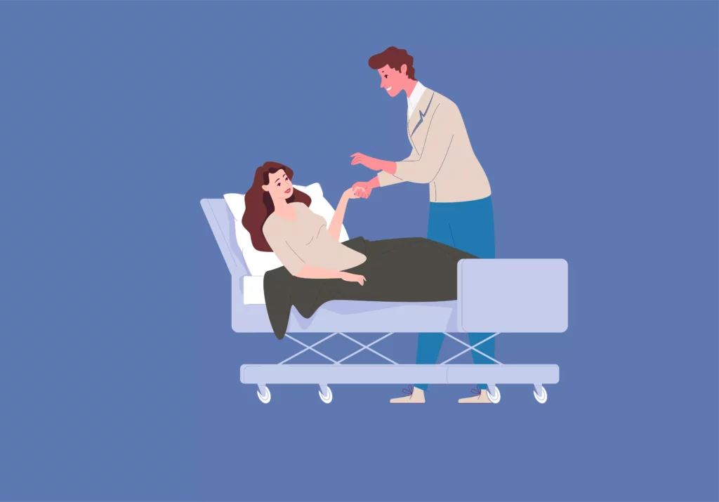 Sophrologue pratiquant de l'hypnose sur une patiente sur un fond bleu dans un lit